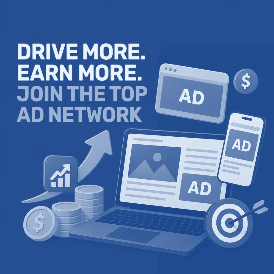Ad network placements running across a laptop and phone next to rising publisher earnings